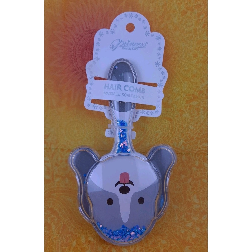 Glitter Dog Shaped Hair Brush‎ Gray Dog With Blue Glitter Massage Scalp
